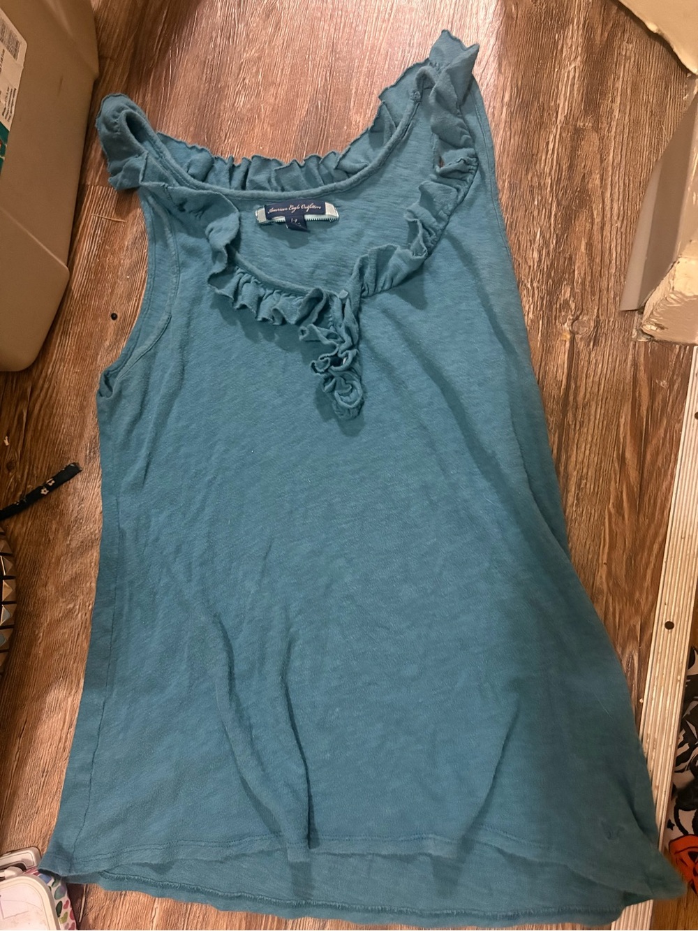 American Eagle Outfitters Teal Ruffle-Trim Tank Top
